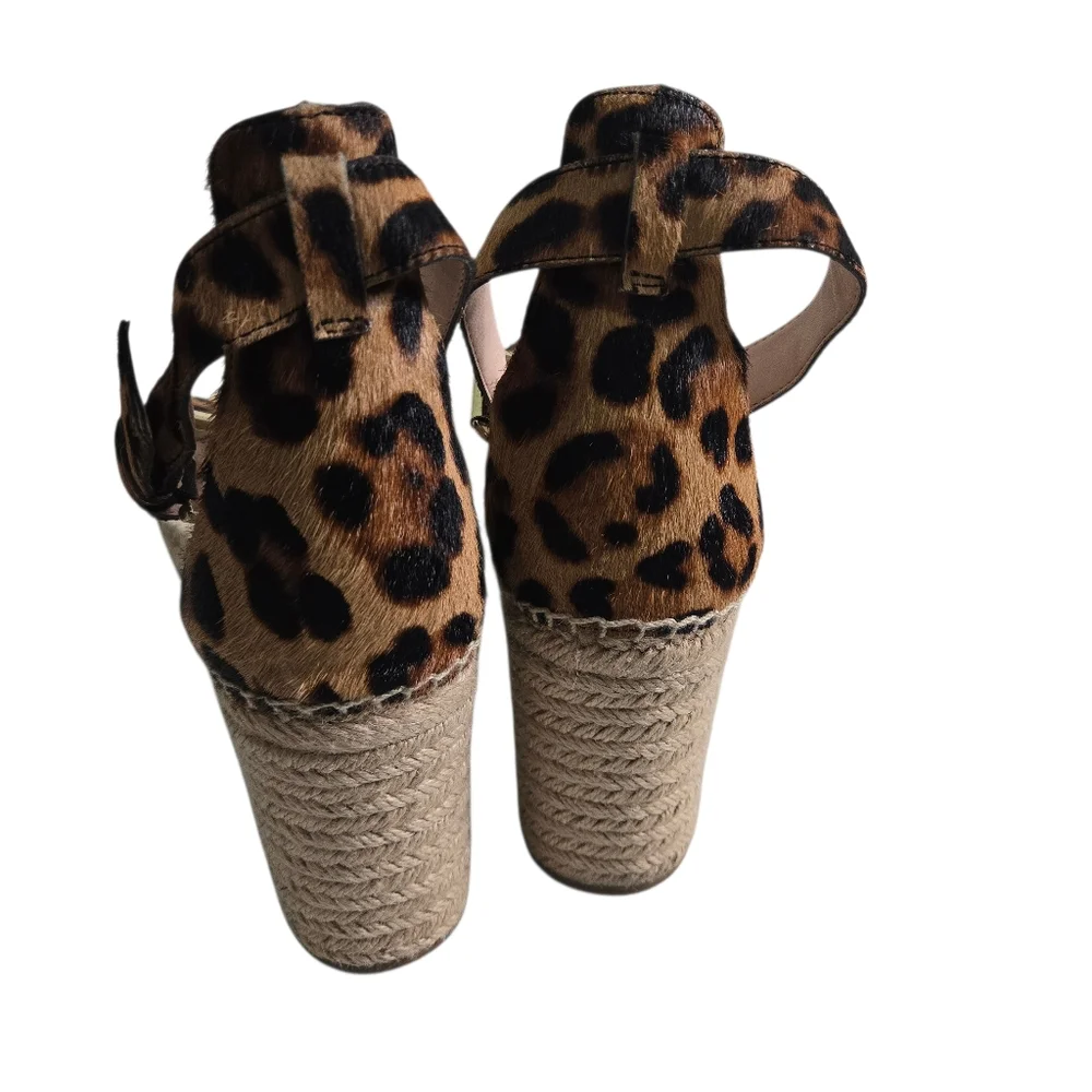 J Crew Espadrille Wedge Sandals Brown Tan Leopard Calf Hair Platform 10